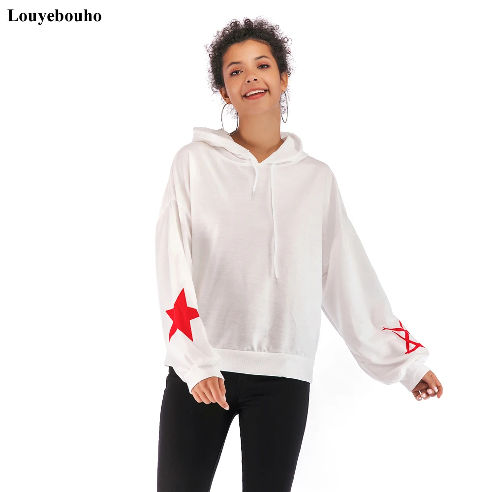 

Women Loose Long Sleeve Hooded Sweatshirt Autumn Winter Fashion Hoodie Pullover Long Sleeve Stars Print Sportwear Top Streetwear