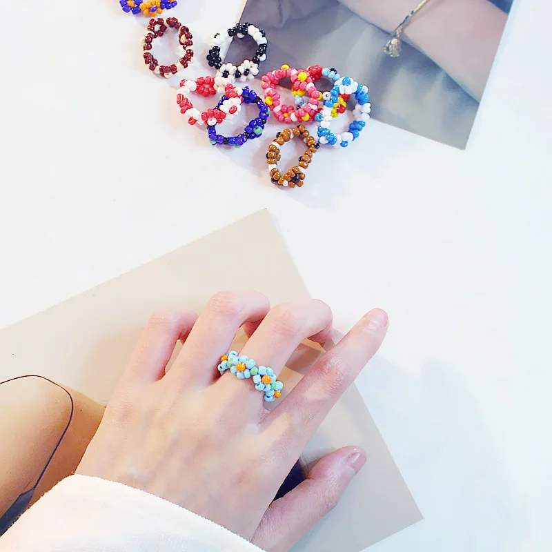 

Fashion Trendy Korean Bohemia Multi-color Small Flowers Rice Beads Ring Women Girl Jewelry Handmade Weave Style Ring