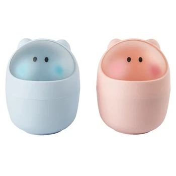 

2x Mini Waste Bin Rolling Cover Desktop Garbage Paper Basket Table Trash Home Office Bathroom Car Trash Can Blue & Pink