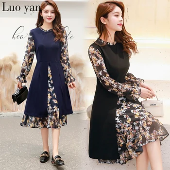 

M-5XL Plus Size Summer Floral Chic Sweet Style Midi Sundress 2020 Elegant Two Pieces Stitching Dress Party Long Sleeve Vestidos