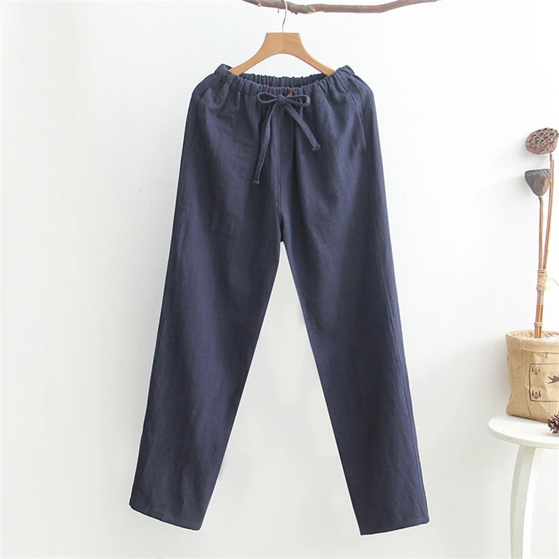 Long Pants Cotton Linen Male Chinese Kung Fu Trousers Men's Casual Straight Military green Tai Chi Clothing Elastic Waist