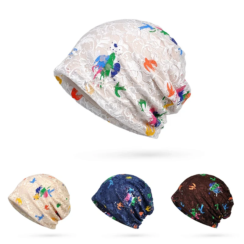 

Pretty Colorful Print Korean Style Fashion Women Beanies Cap Scarf Practical Thin Breathable Lace Soft Cycling Running Sport Hat