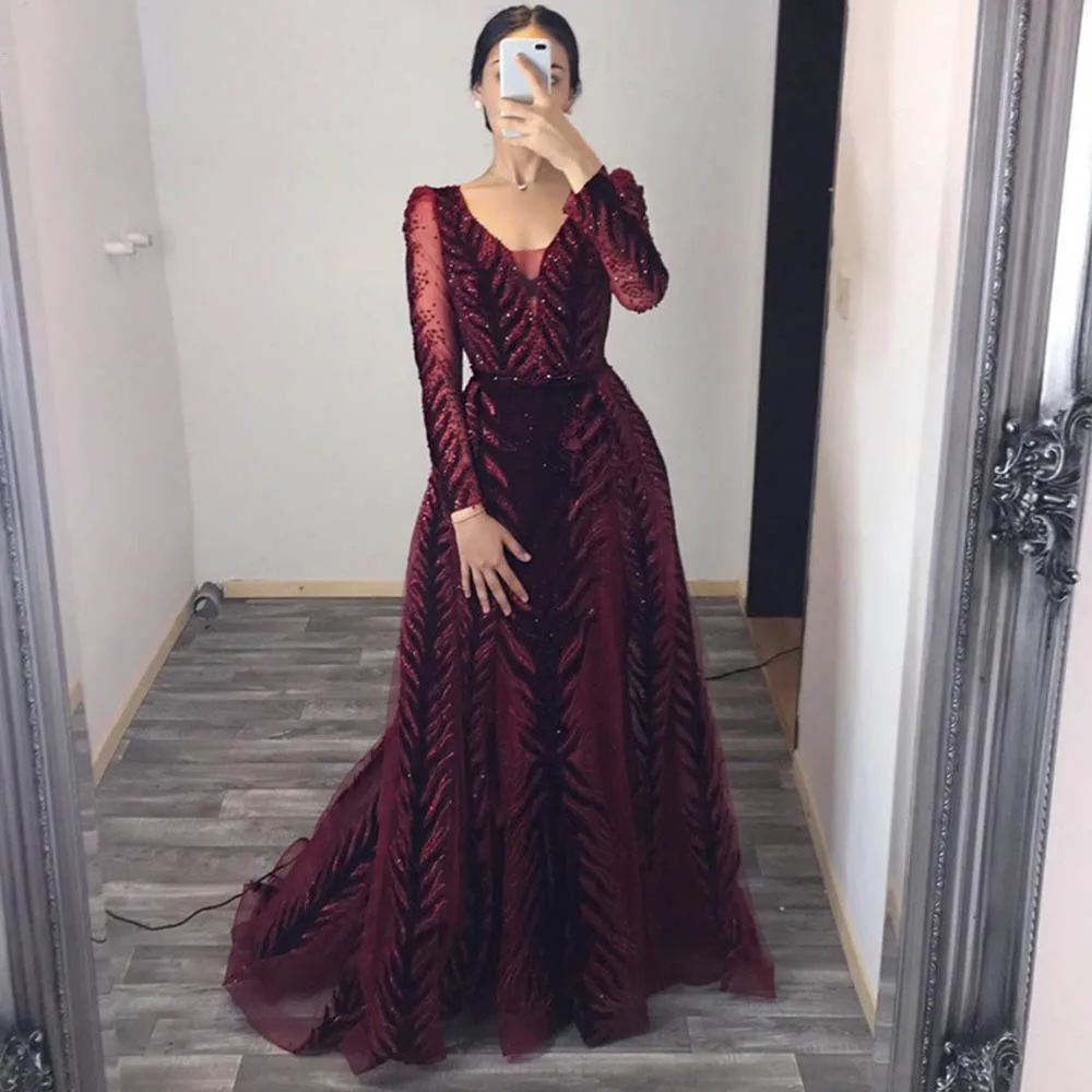 2019 Дубай бордовый Ночная одеждая с длинными рукавами вечернее платье v-образным