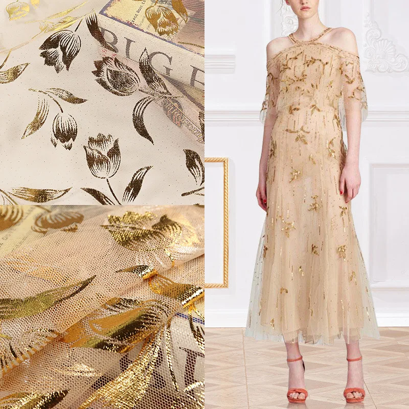 Желтый глиттер золотистая Роза Тюль модная ткань для платья, у двора