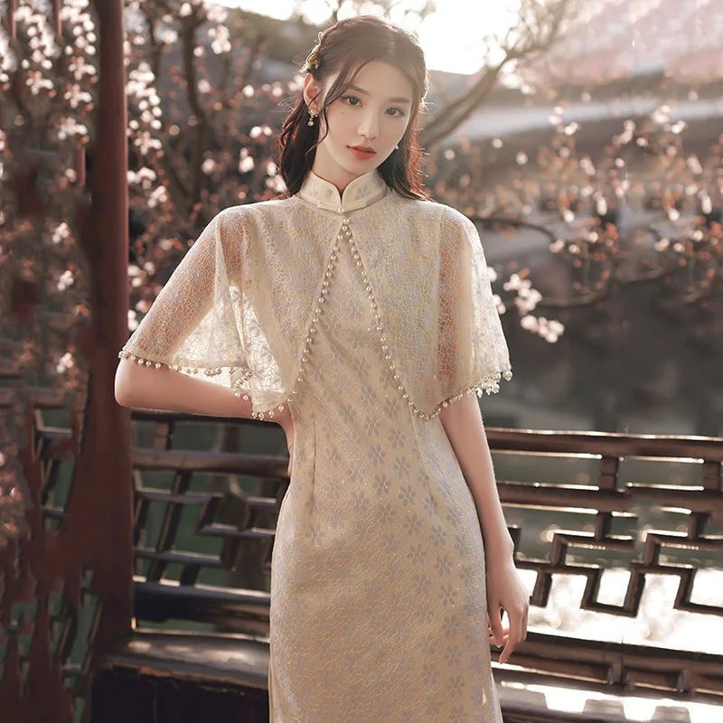 

2022 Elegant Sweet Shawl+Qipao Two-piece Slim Womem Chinese Dress Vintage Cheongsam Traditional Oriental Classical Beauty