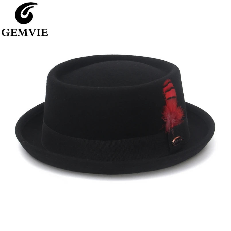 GEMVIE 100% Wool Felt Crushable Men Women Porkpie Fedora Hat Short Brim Autumn Winter Pork Pie Hat Striped Feather Band fedoras