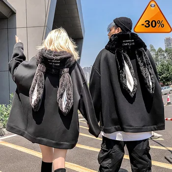 

Autumn Winter Plush Hip Hop Hoodie Couple Rabbit Ear Personality Fashion Black Sweatshirt Long Sleeve Men Women Top