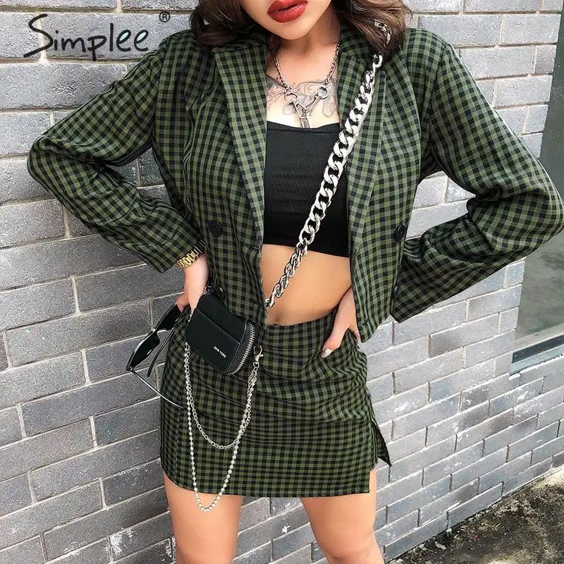 Simplee женскoе клетчатые костюм плит женская блузка мини-юбка комплект Осень зима |
