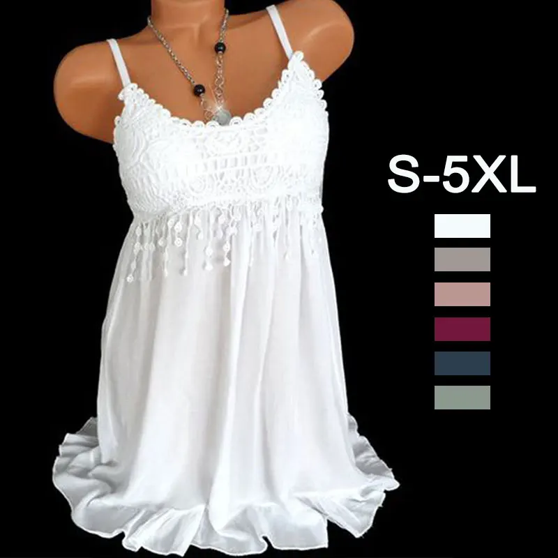 

S - 5XL Plus Size Women Mini Dress Summer Solid 7 Style Spaghetti Strap Female Loose Dress Lace Tank Low Sexy Sling Dress A30