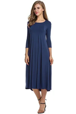 Женское длинное платье больших размеров; сезон лето-осень; платья с длинными рукавами; однотонное повседневное свободное платье; Вечерние Платья-макси; платье больших размеров - Цвет: Тёмно-синий