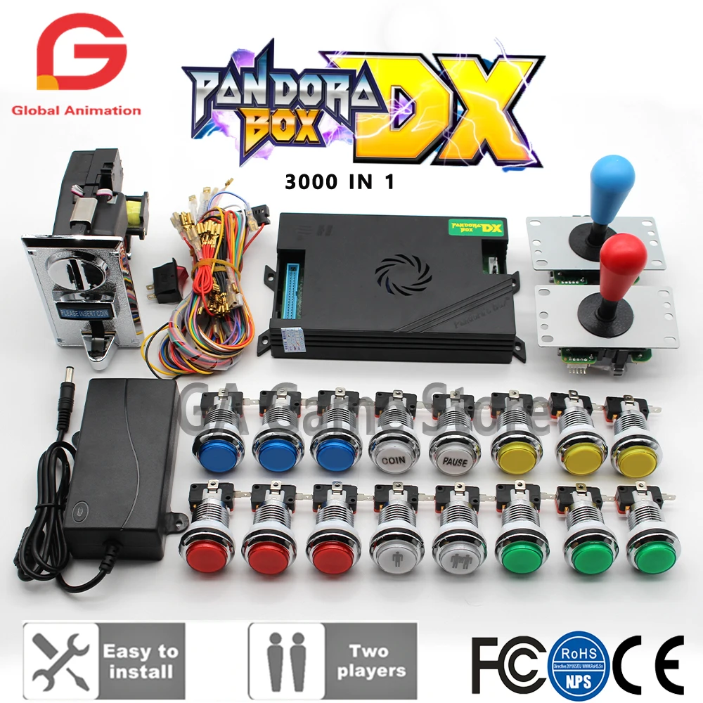 2 Player Kit SANWA JoystickChrome LED Push ButtonOriginal Pandora Box DX Coin Acceptor for Arcade Machine Cabinet with Manual