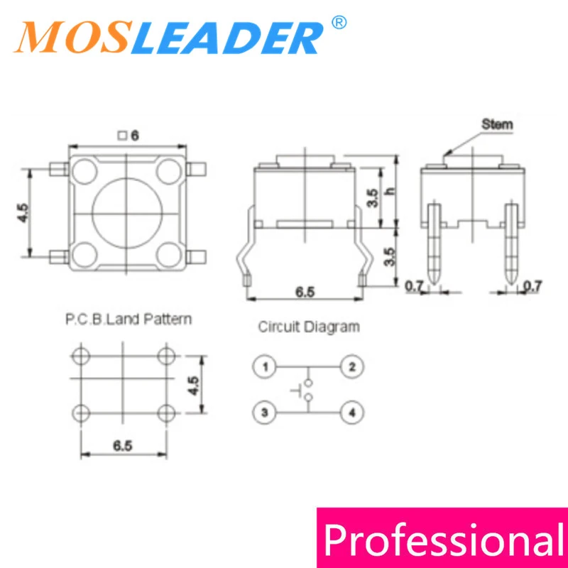 Mosleader 1000ks 4P 6*6*15.5mm 6*6 série 17mm 17.5mm 18mm 6x6 namočit hmat spínač hmatový hmat zatlačovat knoflík mikro spínač