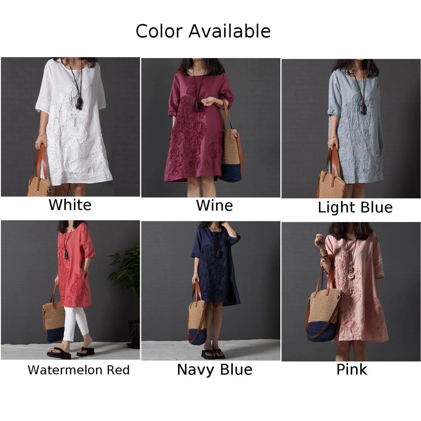 Retro Womens Cotton Linen Half Sleeve Gown Half Sleeve Loose Dress Plus Size