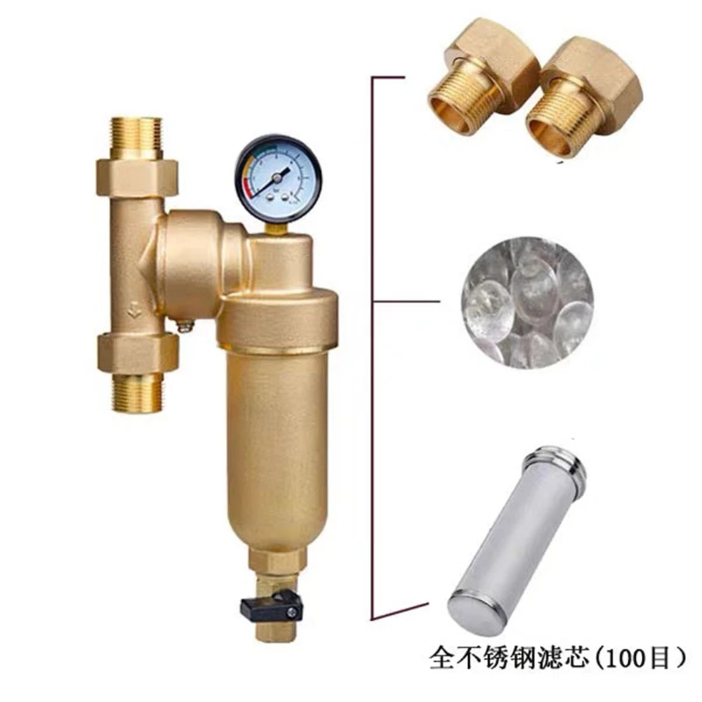 pure copper Бытовой 1/" 3/4" " предлог медный фильтр для труб фильтр инкрустация очиститель горячей воды 100 сетка с манометром - Цвет: pure copper
