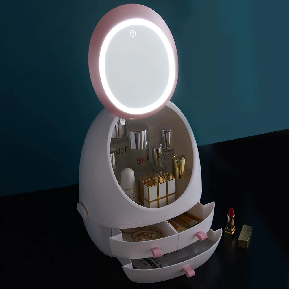 

HD Mirror LED Light Cosmetic Storage Box Jewelry Makeup Organizer USB Charge Cosmetic Case Desktop Storage Drawer