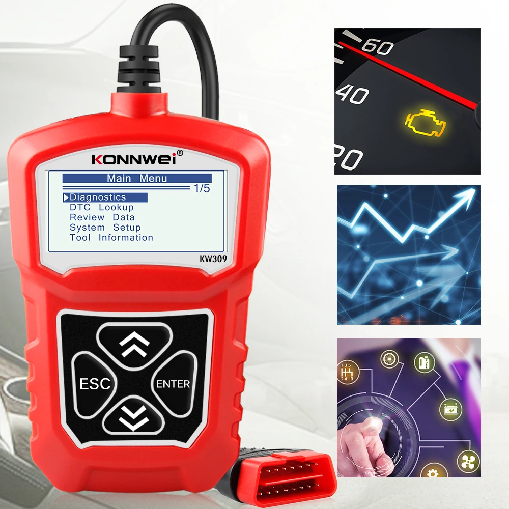 Cylinder Stethoscope KONNWEI KW309 OBD2 Engine Code Reader Automotive Car Diagnostic Tools Scanner Device EOBD Autoscanner Better Than ELM327 car battery charger