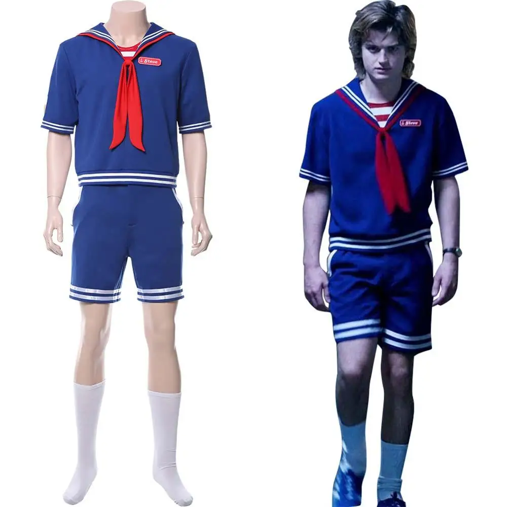 

Stranger Things 3 Steve Harrington Cosplay Costume T Shirt Scoops Ahoy Waiter Uniform Sailor Suit Halloween Carnival Costume