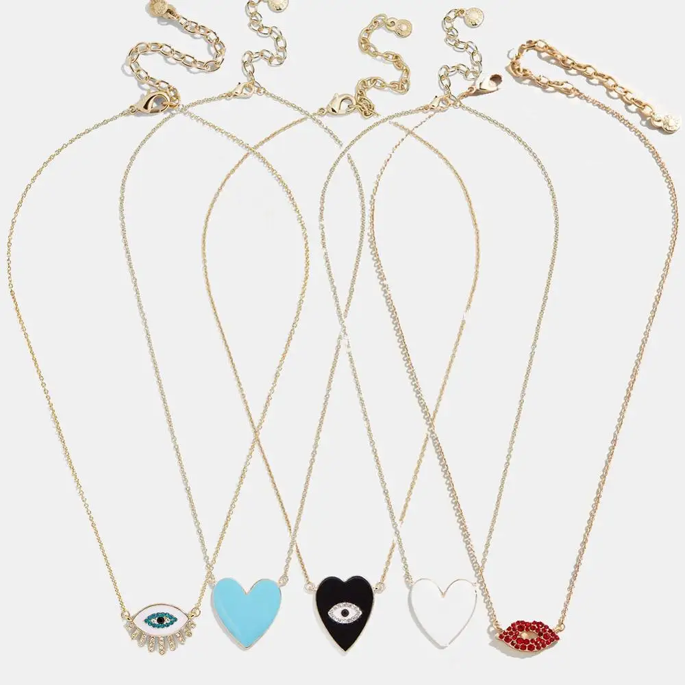 

Girlgo 5 pcs/set Romantic Heart Pendant Necklaces For Women Luxury Gift Crystal Eye Maxi Chians Necklaces Red Clips Neck Jewelry