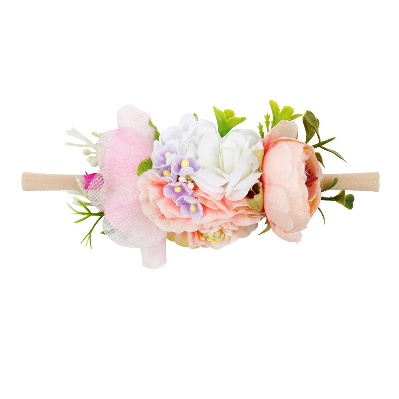 Boho новорожденный искусственный цветок оголовье бутик нейлоновые повязки для волос для девочек ручной работы Цветочные Детские аксессуары для волос на день рождения