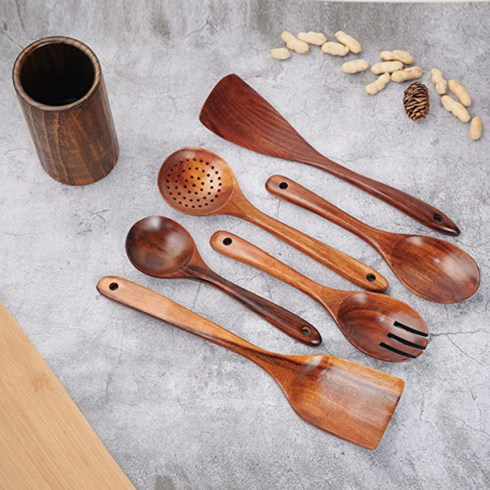1-7pcs Kitchen Utensils Set Wooden Cooking Utensil Set Non-stick Pan Kitchen Tool Neighbor gift Wooden Cooking Spoons Set