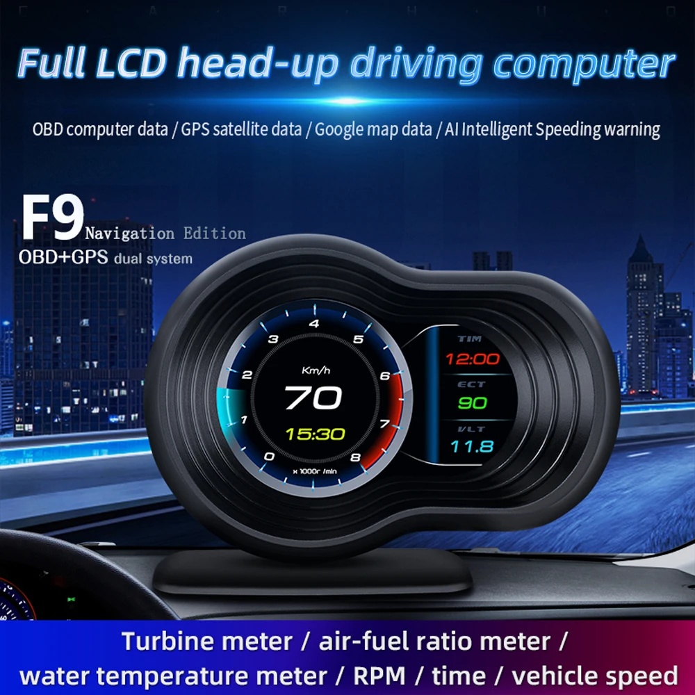 New F9 HUD OBD2 Head Up Display car GPS gauge navigation Digital Speedometer Projector Turbo Oil Temp car Electronic computer