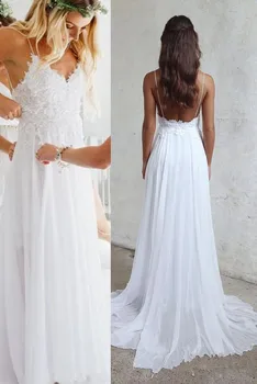 

Beach Chiffon Backless Spaghetti Straps Sheath Wedding Dress Sexy Lace New Draped Appliques Bridal Gowns Custom Made V Neck