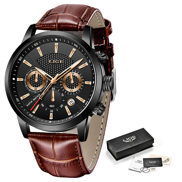 New Mens Watches LIGE Top Brand Leather Chronograph Waterproof Sport Automatic Date Quartz Watch For Men Relogio Masculino