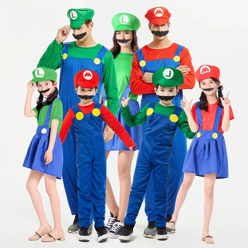 

Adult Kids Super Mario Luigi Bros Halloween Costumes Cosplay Show Costume Set Cartoon Mario Uniform Family Parent-Child Clothes