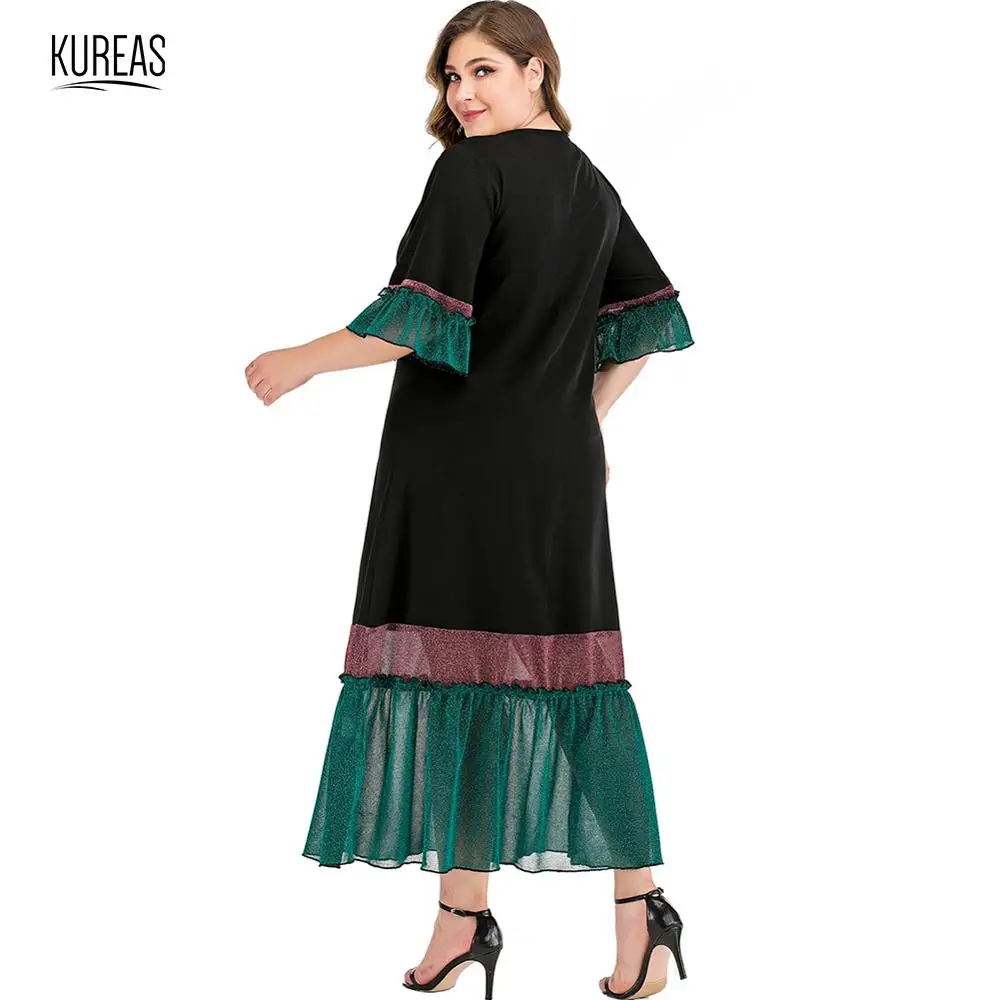 Kureas Women Dress Plus Size Sexy V Neck Half Sleeve Baggy Long Dresses Fashion Color Block Patchwork Maxi Dress Casual Big Size