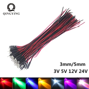 50pcs 3V 5V 12V 24V DC 3mm 5mm Water Clear LED Diodes Red/Green/Blue/Yellow/UV/Orange/Pink/Warm/White/RGB Pre-Wired 20cm Cable