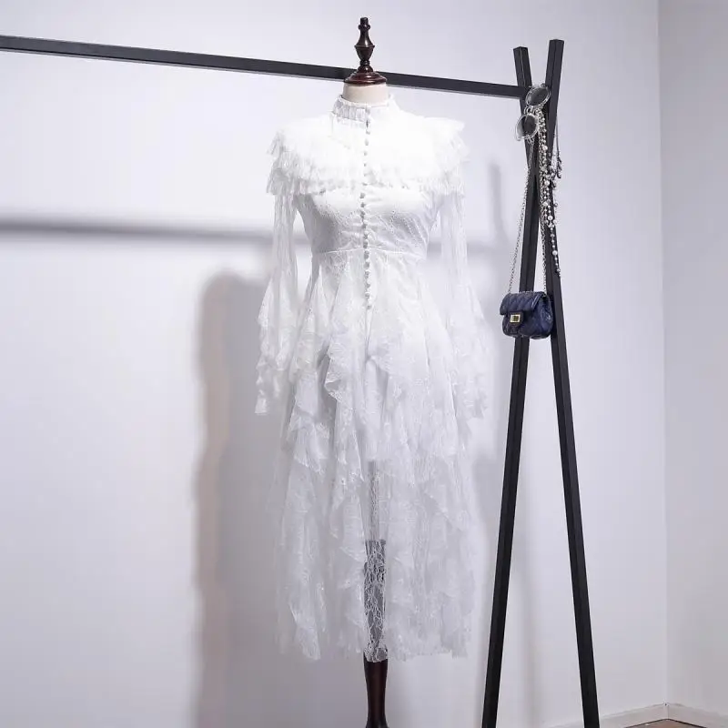 

2019 Spring Clothing New Style Tiered Lace Flounced Annual General Meeting Elegant Immortal GIRL'S Button Slim Fit Formal Dress