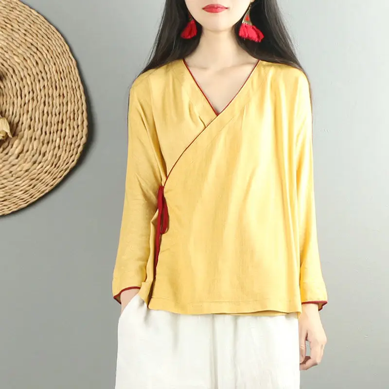 Solid Color Chinese Style Retro Hanfu Cardigan Loose Women's Clothes Blouse Literary Cotton And Linen Shirt Wide Leg Pants