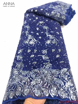 

Anna navy blue soft african sequins lace fabric 2020 high quality embroidery nigerian french coarse mesh lace fabric 5 yards/pcs
