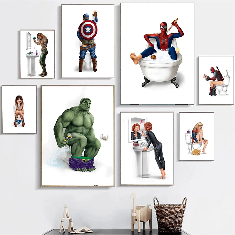 Marvel Cartoon Funny The Avengers Superhero In Bathroom Canvas Painting Wall Art Posters And Prints For Living Room Decor Gift | Дом и сад