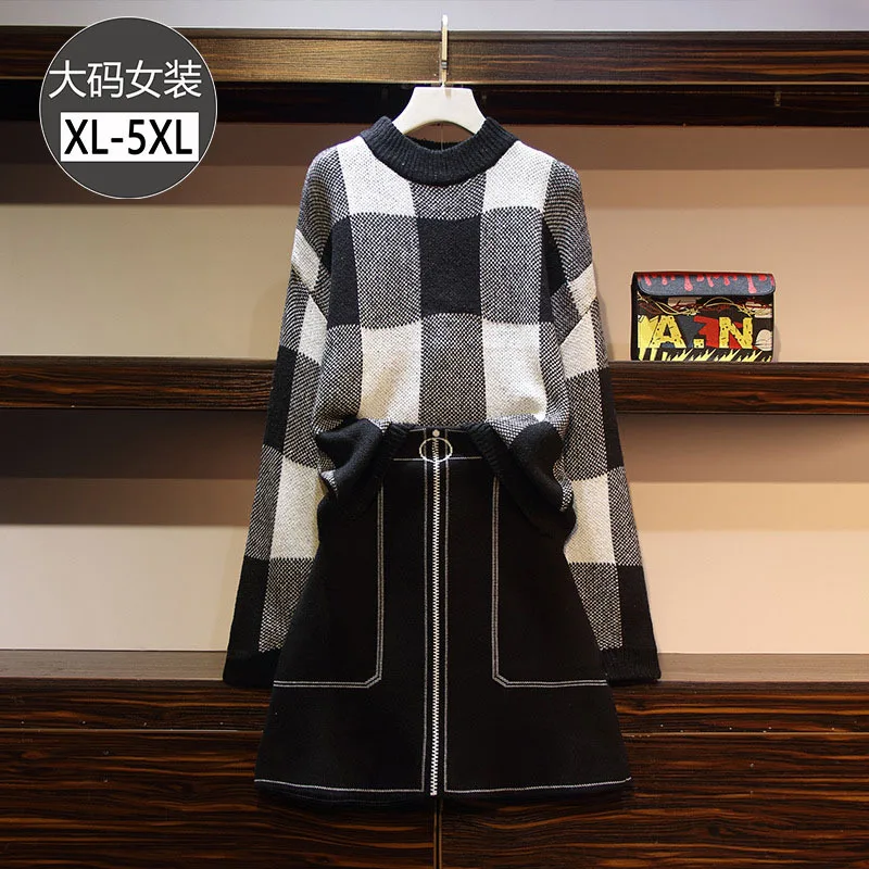 

2019 Autumn And Winter New Style Large Size Dress Korean-style Fashion Pattern Mixed Colors Half-Turtle-Neck Sweater Zipper Skir