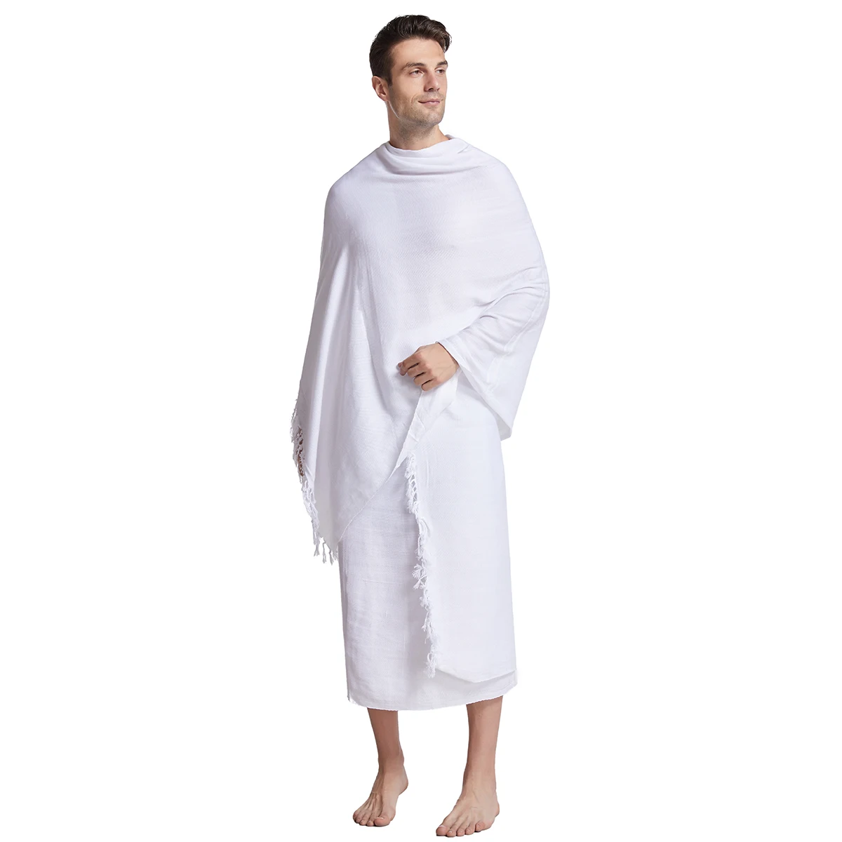 2 Pcs Package Men's Muslim Arab Male Solid Color White 200cm Length Long Hijab Islamic Ethnic Dubai Free Size Ihram Hajj Towel