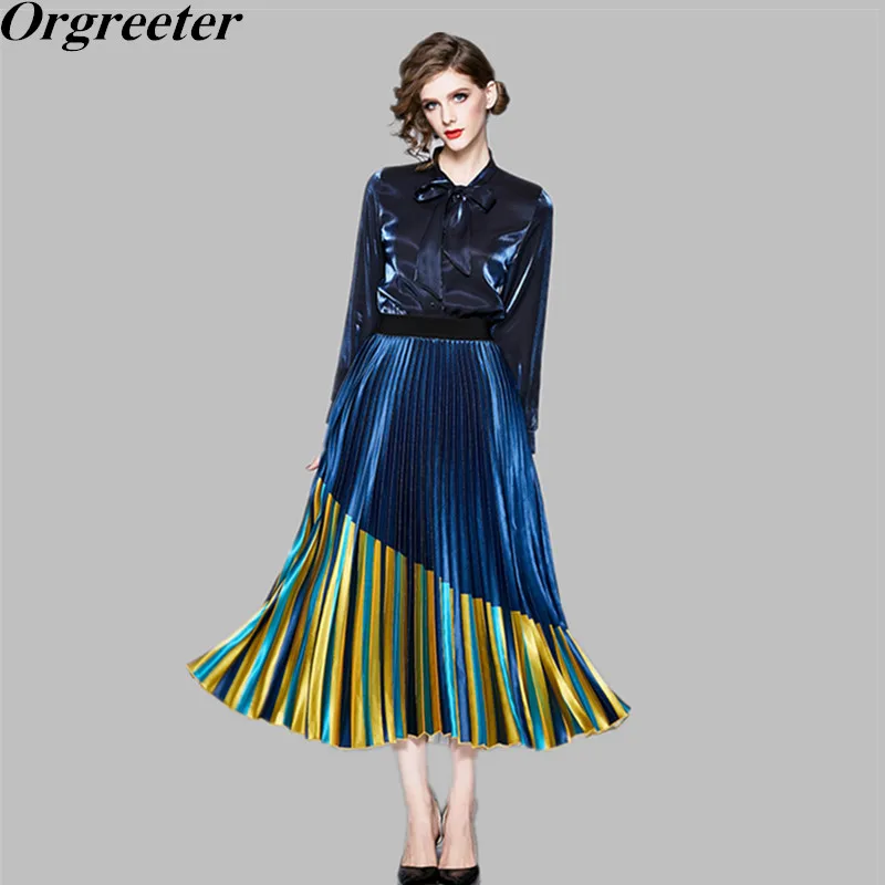 Винтажная Свободная рубашка с бантом и синяя желтая Лоскутная блестящая