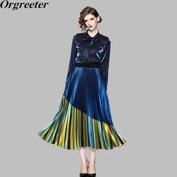 

Vintage Loose Bow Shirt&Blue Yellow Patchwork Shiny A-line Pleated Maxi Skirts Two piece set Women Print Skirt Casual Fashion