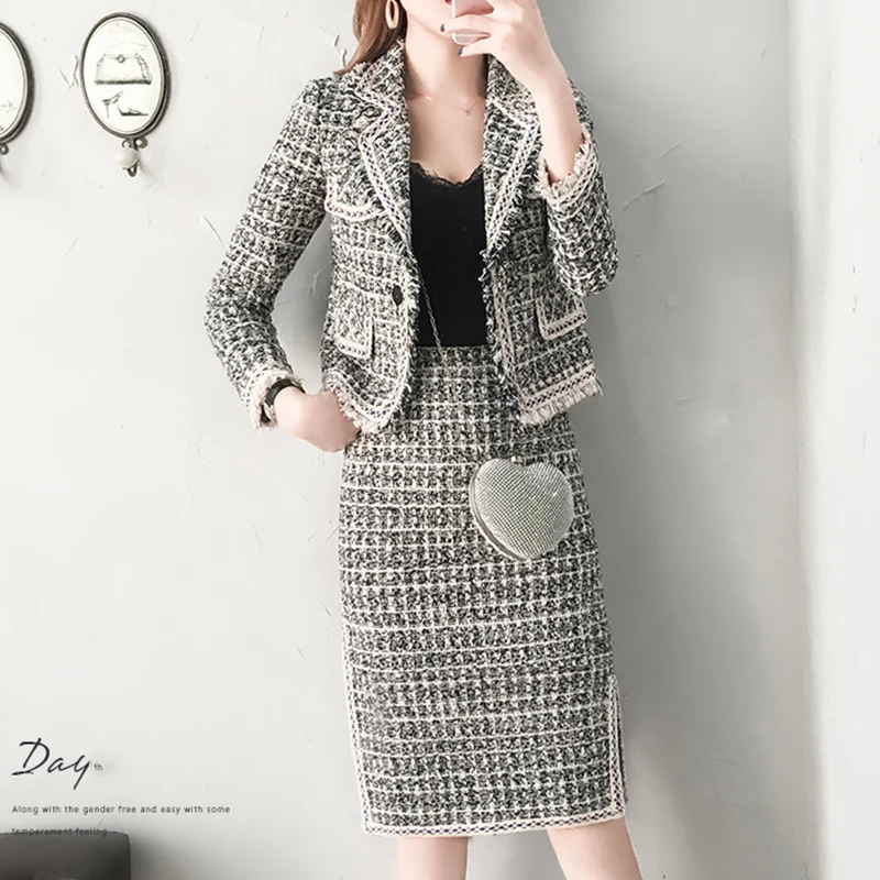 

Fashion Autumn Tweed Wool Jacket 2PCS Suits Elegant Tassel Blazer Coat + Midi Skirt Two Piece Set Small Fragrance Clothing Sets