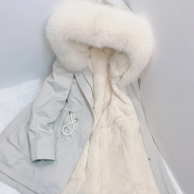 AYUNSUE Winter Coat Women Parka Real Fur Coat Female Rabbit Fur Liner Long Jacket Women Fox Fur Collar Warm Parkas MY4574 - Color: milk white