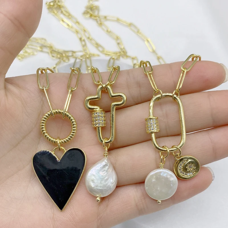 

5PCS/Lot New Jewel O-Chains Big Size Clasps Freshwater Pearl Enamel Heart Necklace