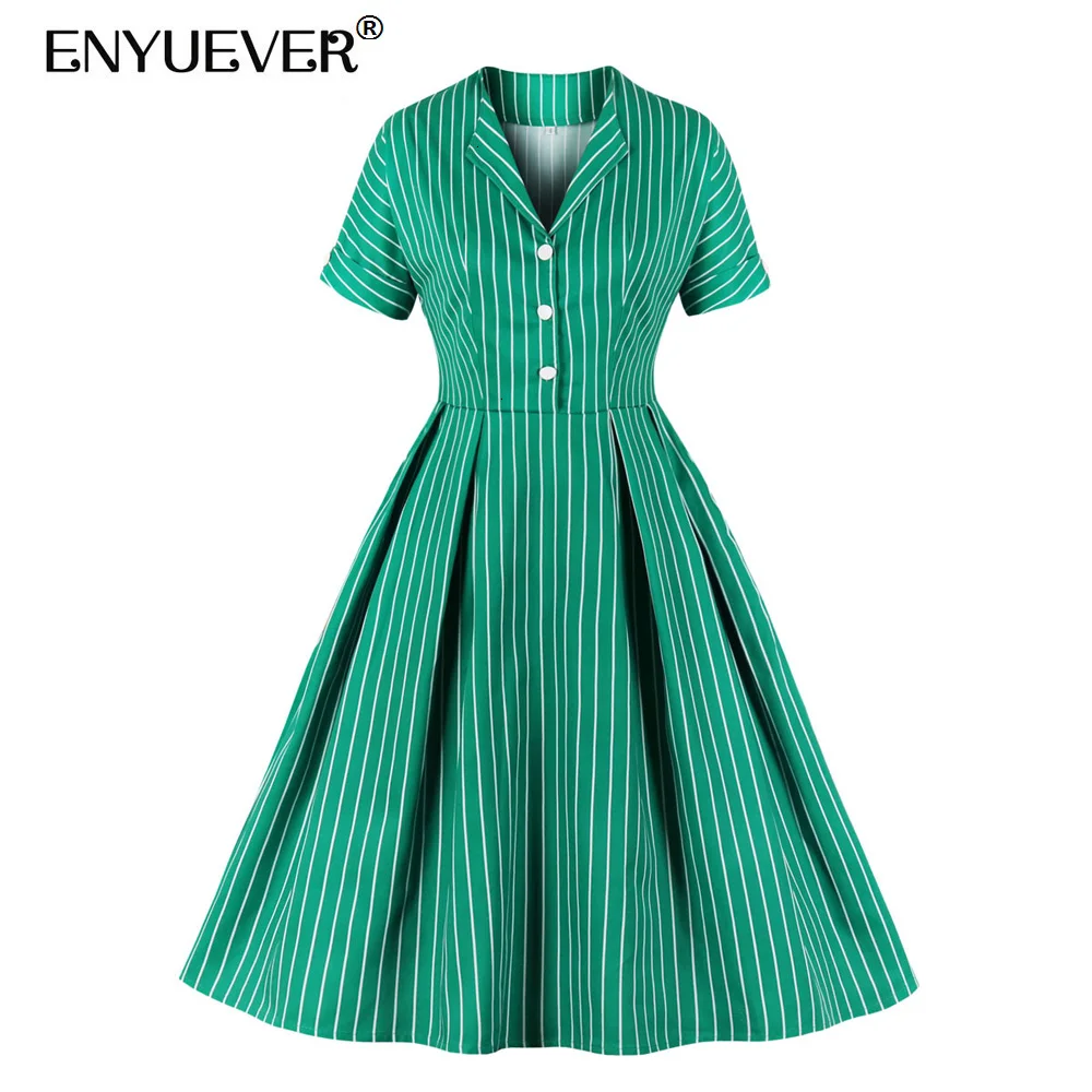 

Enyuever Green Striped Dress Short Sleeve Midi Swing Pockets Elegant Femme Robe PIn Up Retro Vintage Dress For Women Clothes