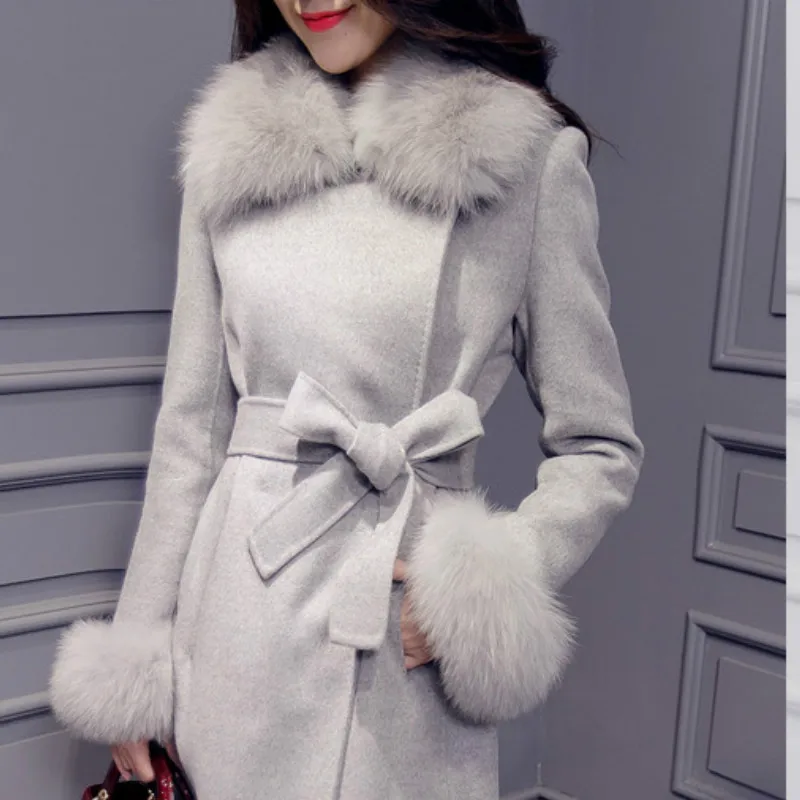 GareMay, зимнее женское пальто с меховым воротником, верхняя одежда, модная плотная теплая шерстяная смесь, женское элегантное шерстяное пальто для женщин