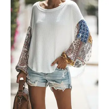 

Women Pullovers Knitted Sweater Autumn O-Neck Lantern Sleeve Splice Color Matching Boho Patchwork Sweater Loose Jumper Tops