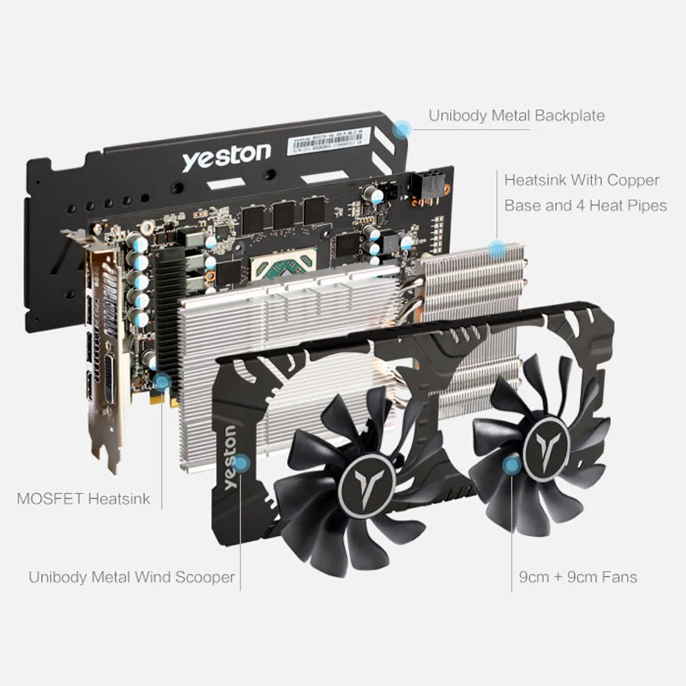 Yeston RX 580 2048SP 4G D5 GAEA Графическая карта, видеокарта Radeon Chill Dual Fan Cooling 4GB GDDR5 256bit DP/HD/2xDL-DVI-D PC