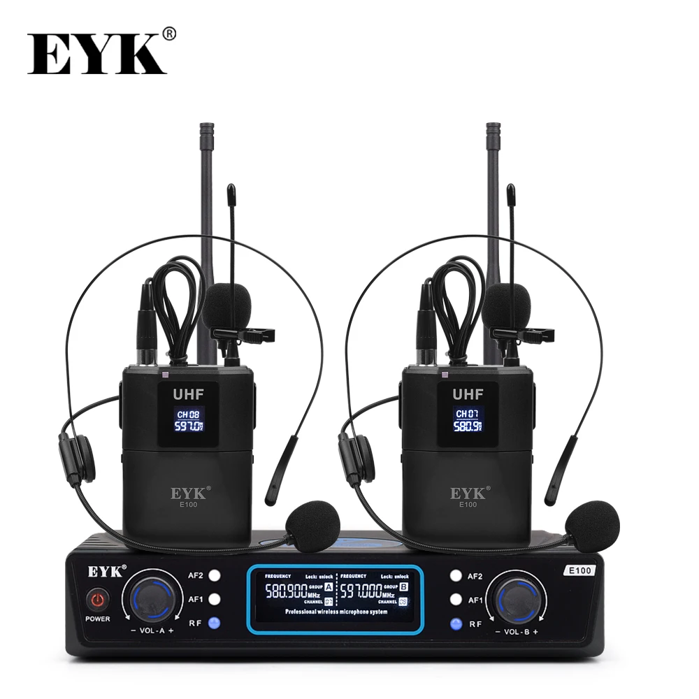 EYK E100 UHF Dual Channel Wireless Microphone 2 Bodypack Transmitter with 2 Headset Mic + 2 Lavalier Lapel Mic for Church Speech