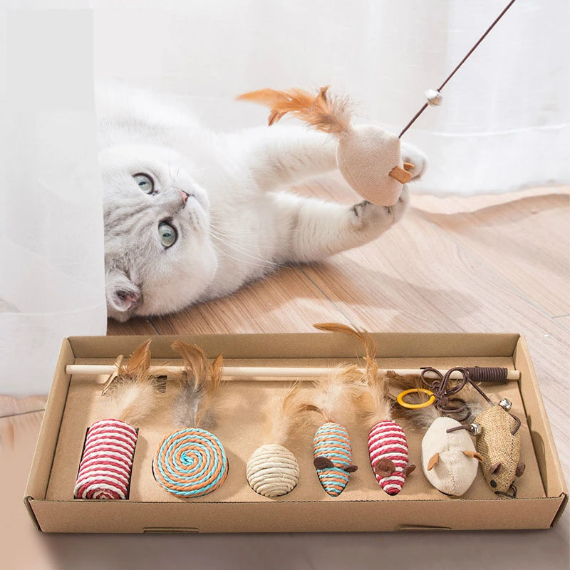 

7 Pcs Set Cat Toys Rope knot False Mouse with Feather Interactive Mini Funny Animal Playing Toys For Cats Pet Supplies