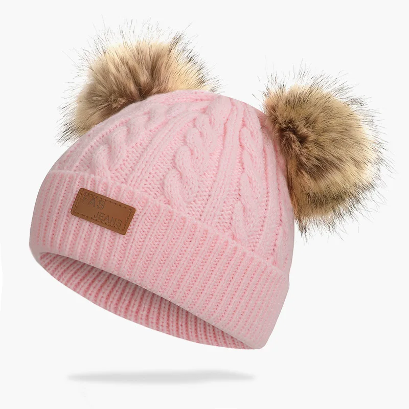 Light-pink-2 Коллекция года, теплая шапка бини для девочек, шарф-кольцо, помпоны, зимние шапки, вязаные шапки, шарф, 2 предмета, модная зимняя шапка, шарф, комплект для детей - Цвет: Light-pink-2