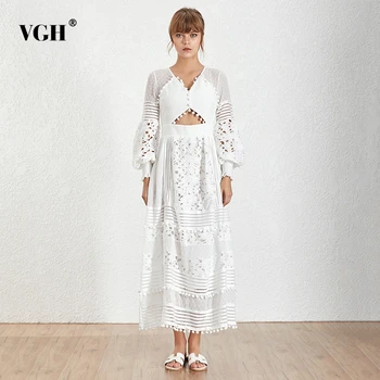 

VGH Patchwork Dot Dress For Women V Neck Lantern Long Sleeve High Waist Hollow Out Dresses Female Autumn Fashion New 2020