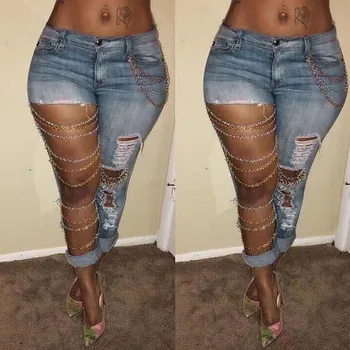 

Fashion Women Slim Denim Ripped Chain Big Hole Jeans Trousers Pants High Waist Elastic plus size Stretch denim pencil pants